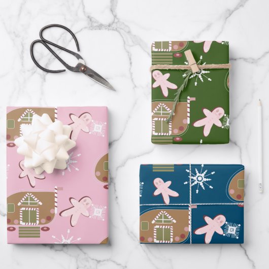 ジンジャーブレッドハウスクッキーピンクの雪 ラッピングペーパーシート (正面)