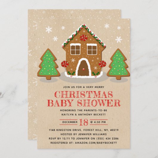 ジンジャーブレッドハウスクリスマスベビーシャワー 招待状 (正面/裏面)