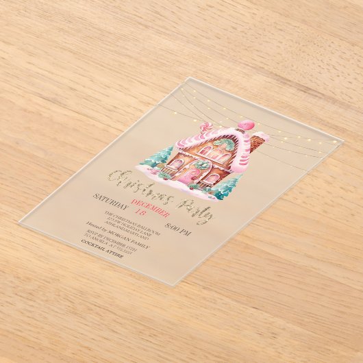 ジンジャーブレッドハウスストリングライツクリスマス アクリル招待状 (レイダウン)