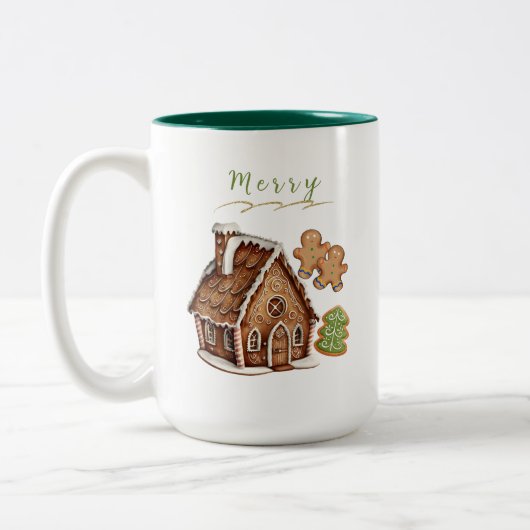 ジンジャーブレッドハウスパーソナライズされたクリスマス ツートーンマグカップ (左)