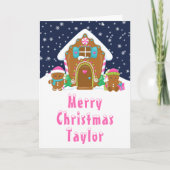 ジンジャーブレッドハウスピンクとネイビーメリークリスマス シーズンカード (正面)