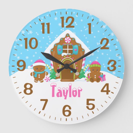 ジンジャーブレッドハウスピンクとブルー ラージ壁時計 (正面)