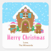 ジンジャーブレッドハウスブルーとピンクのメリークリスマス スクエアシール (正面)