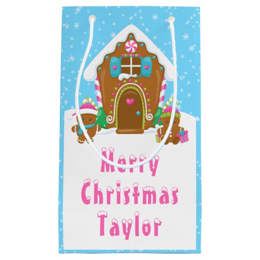 ジンジャーブレッドハウスブルーとピンクのメリークリスマス スモールペーパーバッグ (正面)