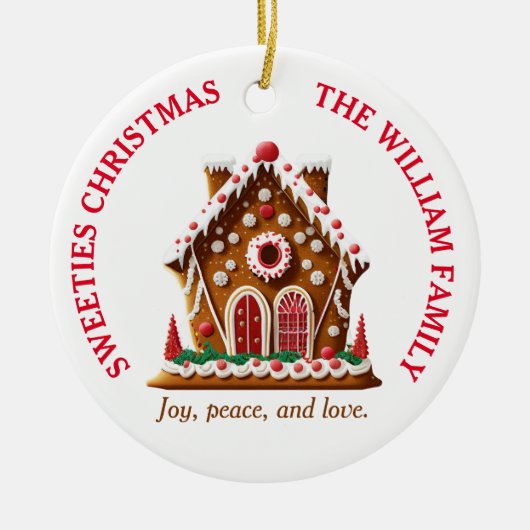 ジンジャーブレッドハウス|家族の名前| 1枚の写真 セラミックオーナメント (正面)