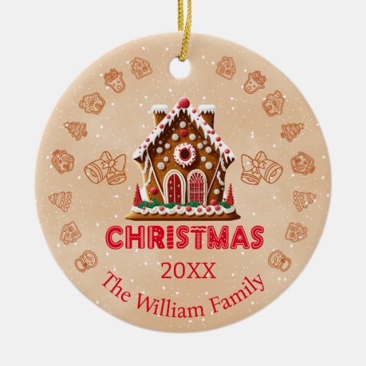 ジンジャーブレッドハウス|家族の名前| 1枚の写真 セラミックオーナメント (正面)