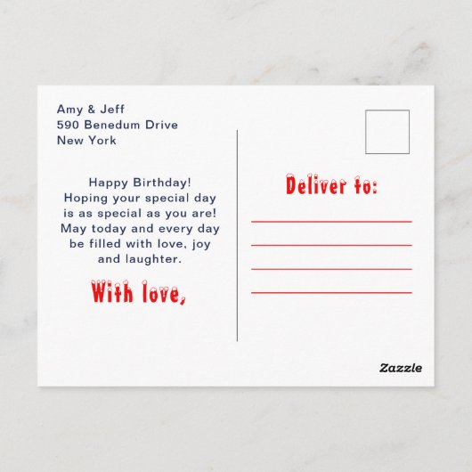 ジンジャーブレッドハウス 赤とネイビー お誕生日おめでとう ポストカード (裏面)