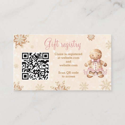 ジンジャーブレッドピンクベビーシャワーギフトレジストリQR エンクロージャーカード (正面)