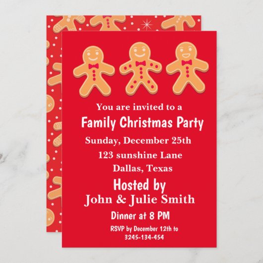 ジンジャーブレッドマンおもしろいファミリークリスマスパーティー 招待状 (正面/裏面)