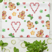 ジンジャーブレッドマンおよびCandycaneのハートタオル キッチンタオル (折り畳み)