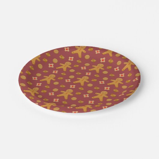 ジンジャーブレッドマンとクッキーのバーガンディパターン ペーパープレート (アングル)