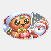 ジンジャーブレッドマンとサンタクロース 楕円形シール (正面)