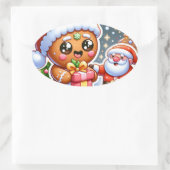 ジンジャーブレッドマンとサンタクロース 楕円形シール (バッグ)