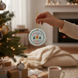 ジンジャーブレッドマンとヒイラギのリースのクリスマスオーナメント セラミックオーナメント