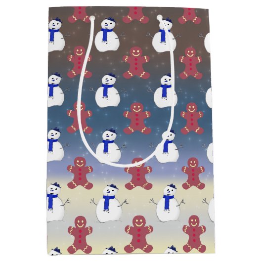 ジンジャーブレッドマンと雪だるま、クリスマス抱き枕 ミディアムペーパーバッグ (正面)