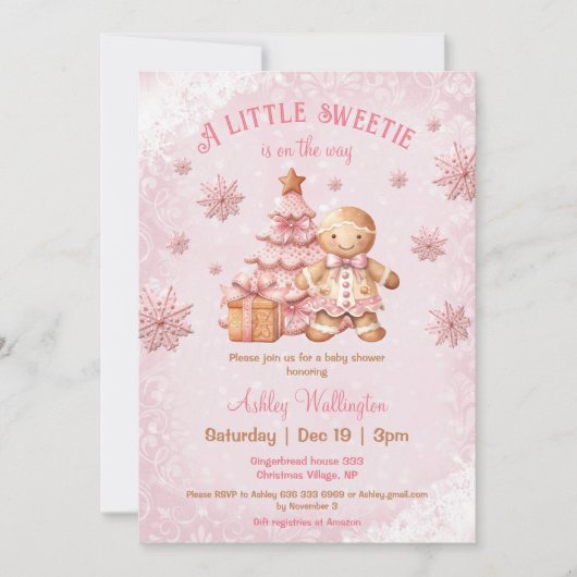 ジンジャーブレッドマンガールピンクのクリスマスベビーシャワー 招待状 (正面)