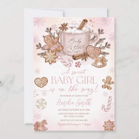 ジンジャーブレッドマンガールピンクのクリスマスベビーシャワー 招待状 (正面)
