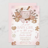 ジンジャーブレッドマンガールピンクのクリスマスベビーシャワー 招待状 (正面/裏面)