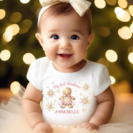 ジンジャーブレッドマンガールピンクベージュ初めてのクリスマス ベビーTシャツ