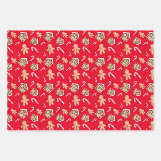 ジンジャーブレッドマンキャンディケーンホリデーかわいい赤い緑 ラッピングペーパーシート (正面3)