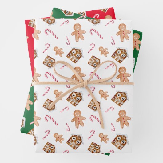 ジンジャーブレッドマンキャンディケーンホリデーかわいい赤い緑 ラッピングペーパーシート (インサイチュ)