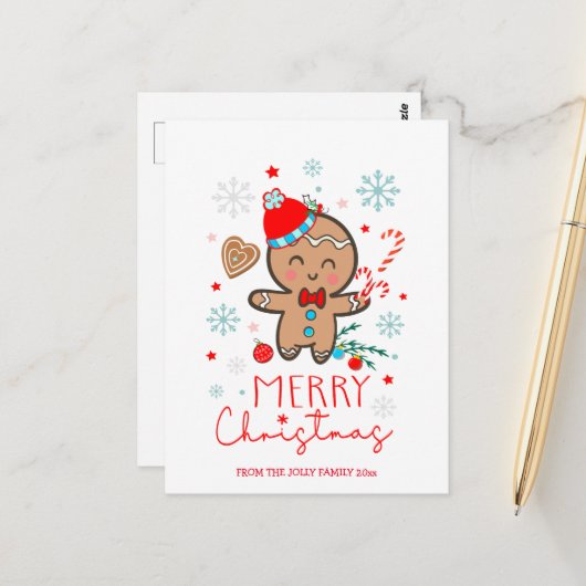 ジンジャーブレッドマンクッキースノーフレークスメリークリスマス ポストカード (正面/裏面インサイチュ)