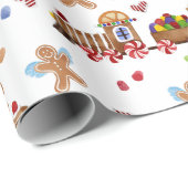 ジンジャーブレッドマンクリスマストレインツリーの水色 ラッピングペーパー (ロールコーナー)