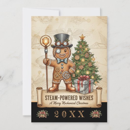ジンジャーブレッドマンクリスマス、ヴィンテージ、スティームパンク シーズンカード (正面)