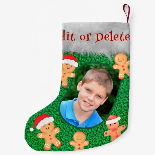 ジンジャーブレッドマングリーンかわいいおもしろいかわいい写真名 スモールクリスマスストッキング (裏面)