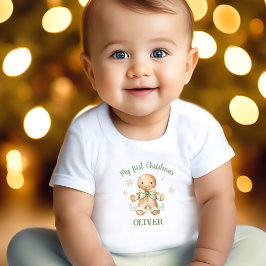 ジンジャーブレッドマングリーンベージュネーム初めてのクリスマス ベビーTシャツ