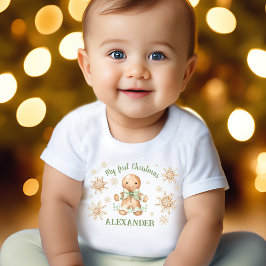 ジンジャーブレッドマングリーンベージュ初めてのクリスマス ベビーTシャツ