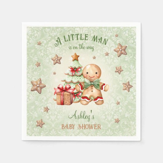 ジンジャーブレッドマングリーンレッドクリスマスベビーシャワー スタンダードカクテルナプキン (正面)