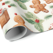 ジンジャーブレッドマンデザートグリーンリーモダンクリスマス ラッピングペーパー (ロールコーナー)