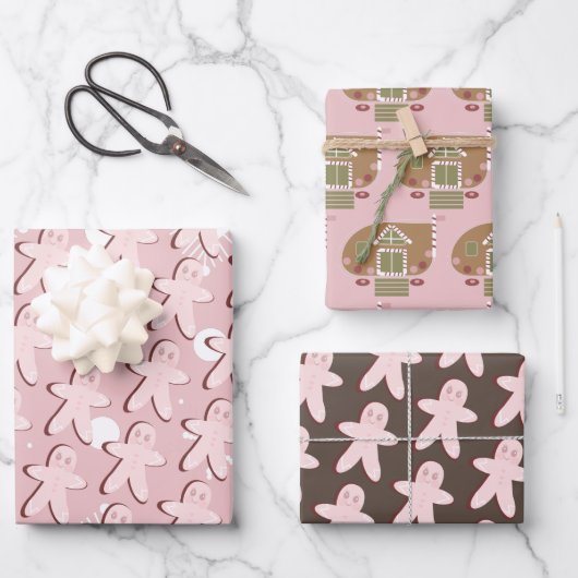 ジンジャーブレッドマンハウスクリスマススノーフレークスピンク ラッピングペーパーシート (正面)