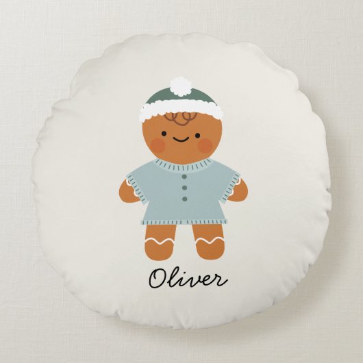 ジンジャーブレッドマンパーソナライズされたのクリスマス枕 ラウンドクッション (正面)