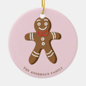 ジンジャーブレッドマンピンク水玉模様クリスマスフォト セラミックオーナメント (正面)