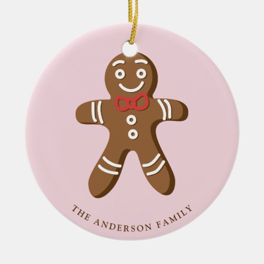 ジンジャーブレッドマンピンク水玉模様クリスマスフォト セラミックオーナメント (正面)