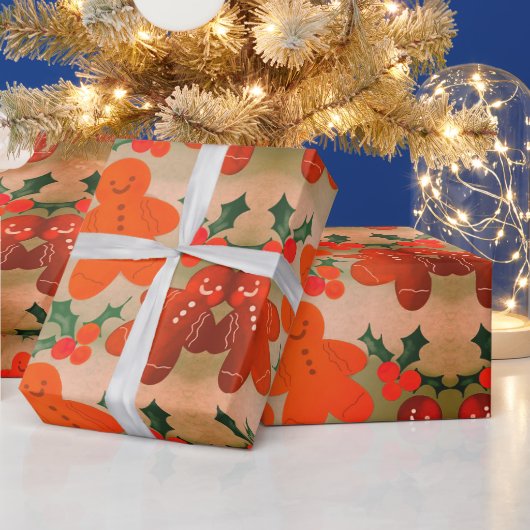 ジンジャーブレッドマンホリーベリー ラッピングペーパー (クリスマス)