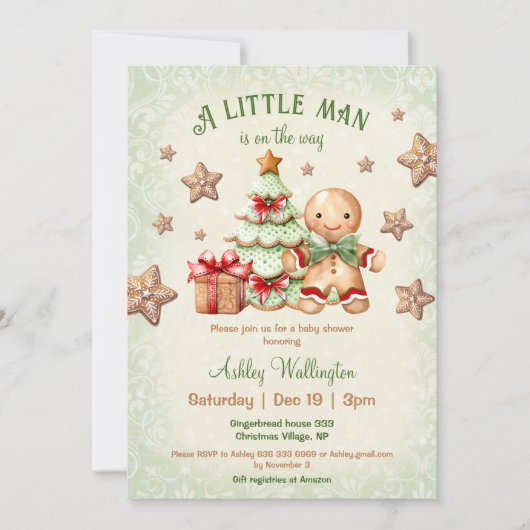 ジンジャーブレッドマンボーイクラシッククリスマス赤ちゃんシャワー 招待状 (正面)