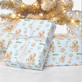 ジンジャーブレッドマンボーイネームブルーグリーンクリスマス ラッピングペーパー