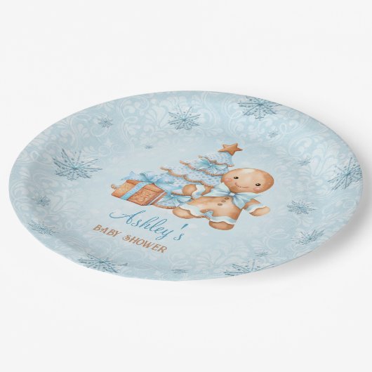 ジンジャーブレッドマンボーイブルークリスマスベビーシャワー ペーパープレート (アングル)