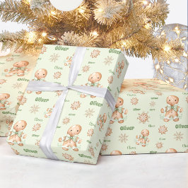 ジンジャーブレッドマンボーイ名グリーンクリスマス ラッピングペーパー