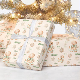 ジンジャーブレッドマンボーイ名グリーンベージュクリスマス ラッピングペーパー