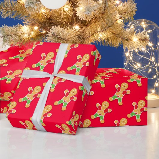 ジンジャーブレッドマンレッドクリスマスベイクパターン ラッピングペーパー (クリスマス)