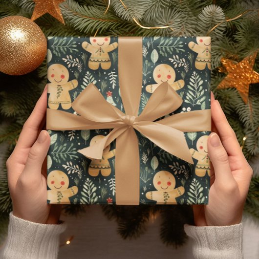 ジンジャーブレッドマン冬とクリスマスの緑 ラッピングペーパー