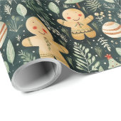 ジンジャーブレッドマン冬とクリスマスの緑 ラッピングペーパー (ロールコーナー)