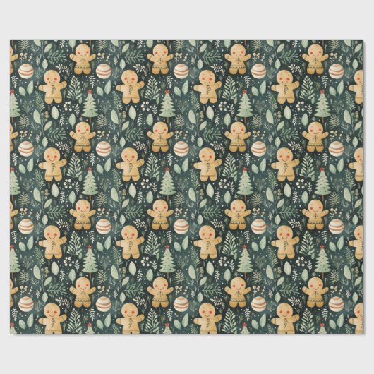 ジンジャーブレッドマン冬とクリスマスの緑 ラッピングペーパー (フラット)