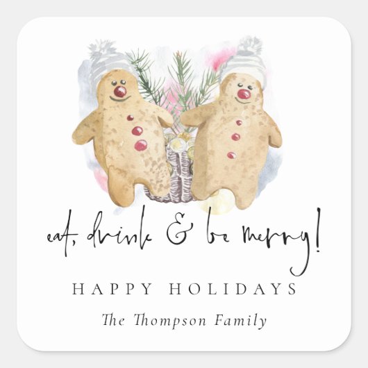 ジンジャーブレッドマン食べドリンクビーネームハッピーホリデー スクエアシール (正面)