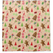 ジンジャーブレッドマン、キャンディ、サンタハット シャワーカーテン (正面)