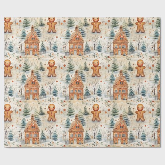 ジンジャーブレッドマン&ハウススノーウィークリスマス ラッピングペーパー (フラット)